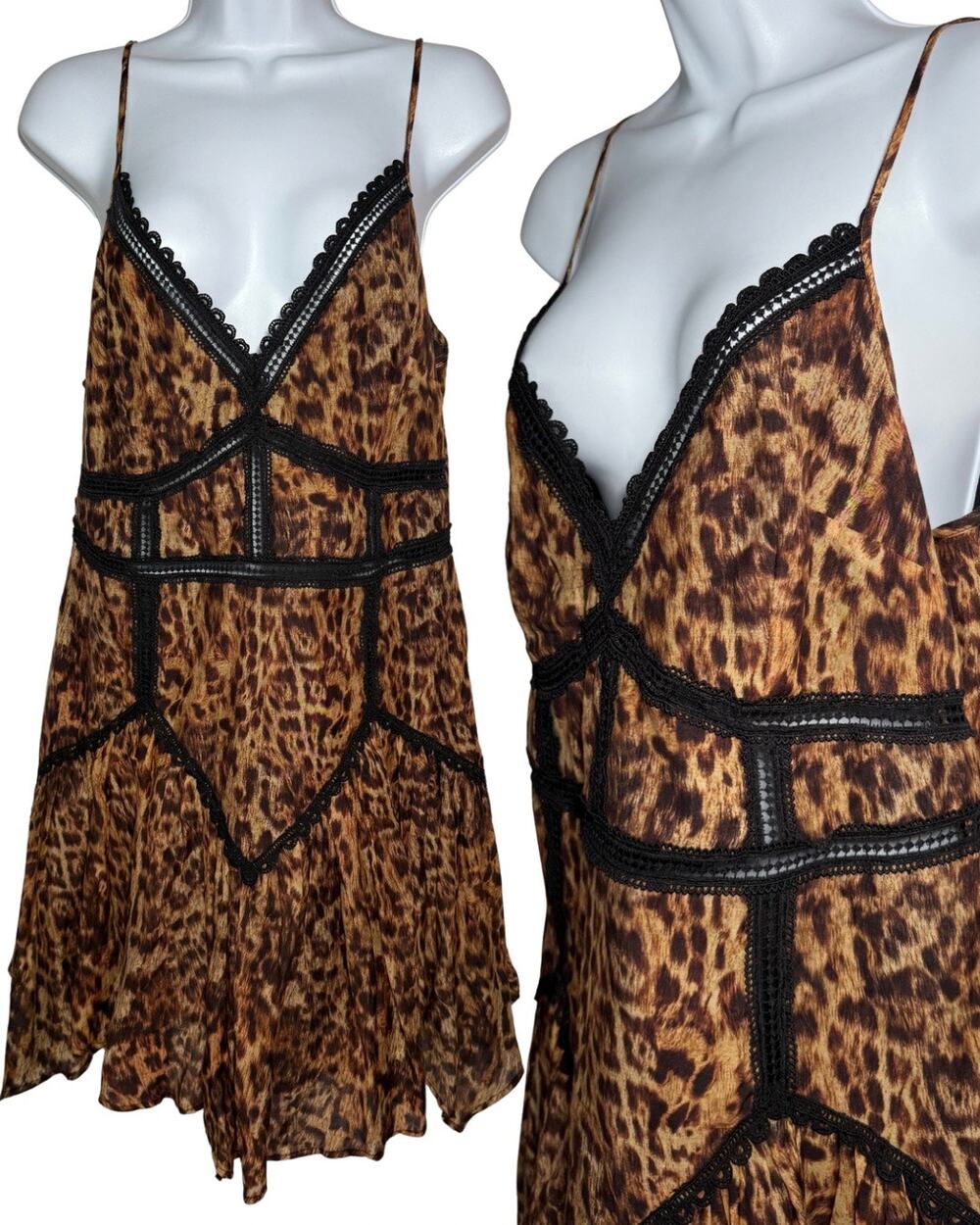 AllSaints Leopard Lace Slip Dress Sz 8 Brown Y2K 90s Boho Grunge Mini